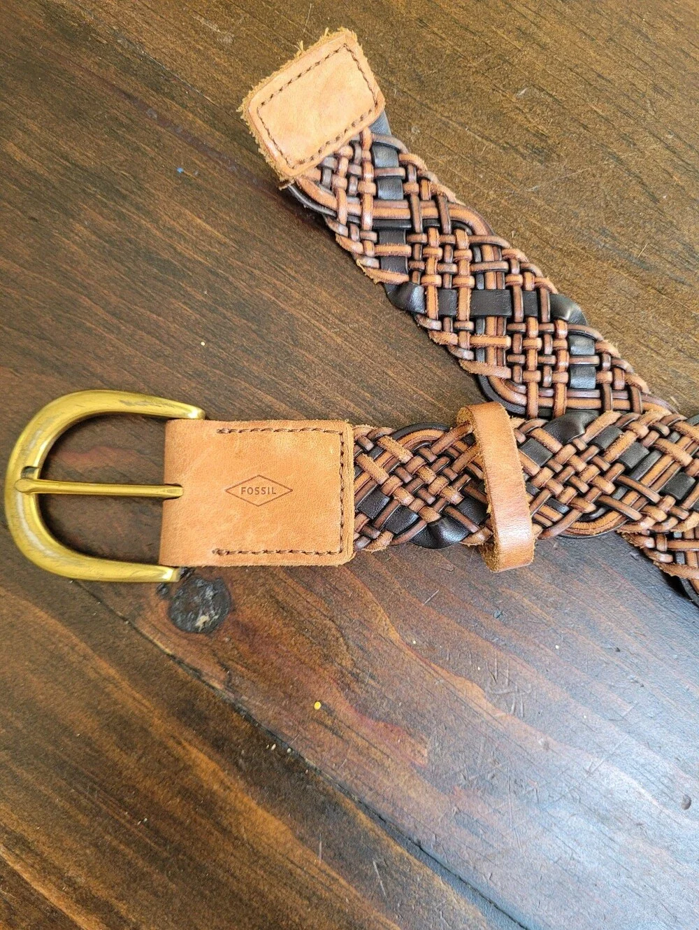 Fossil Belt Woven Black Brown Brass Buckle Medium